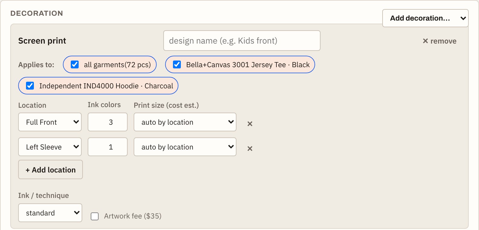 Decoration with named locations and the price breakdown