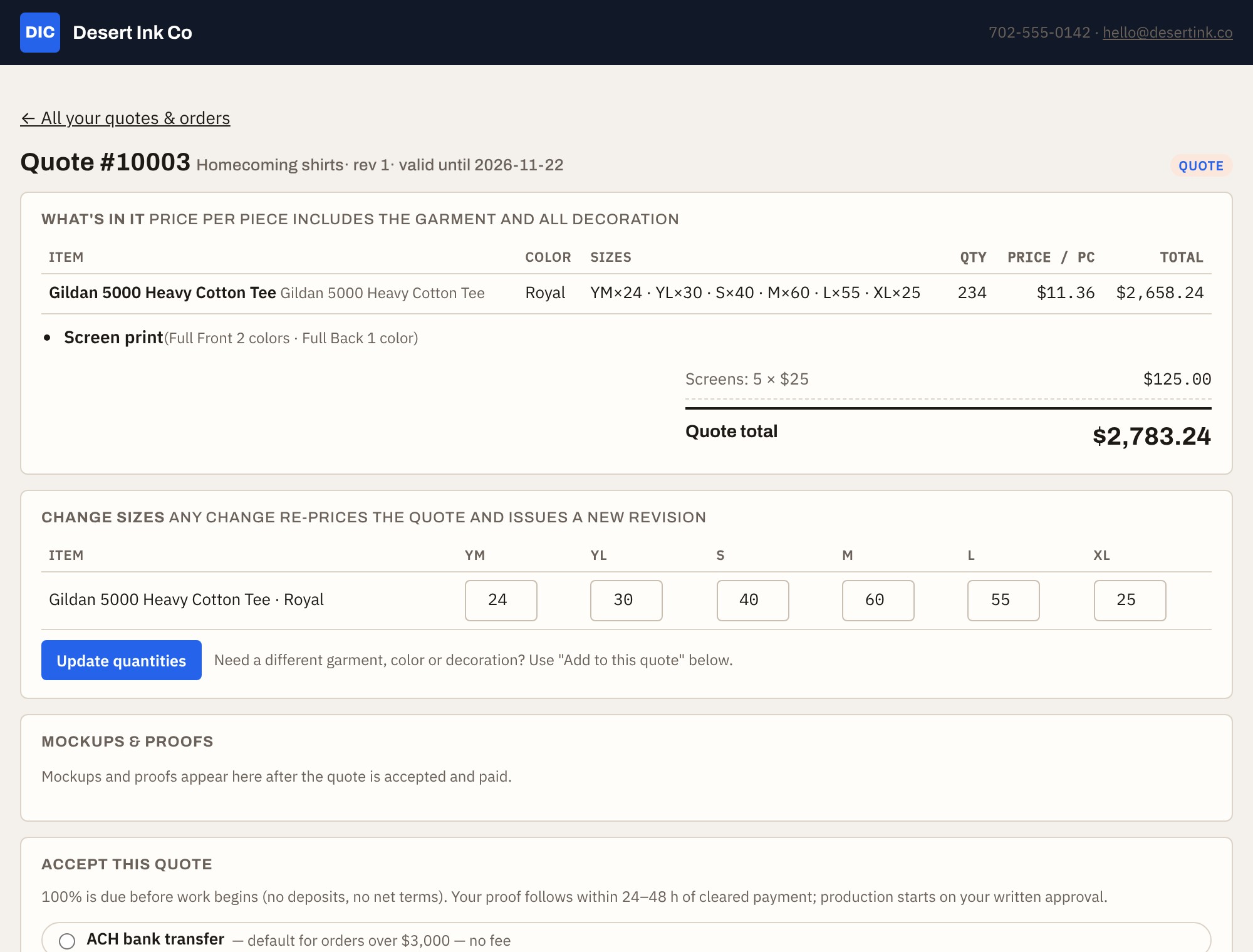 Customer portal showing a quote with all-in prices
